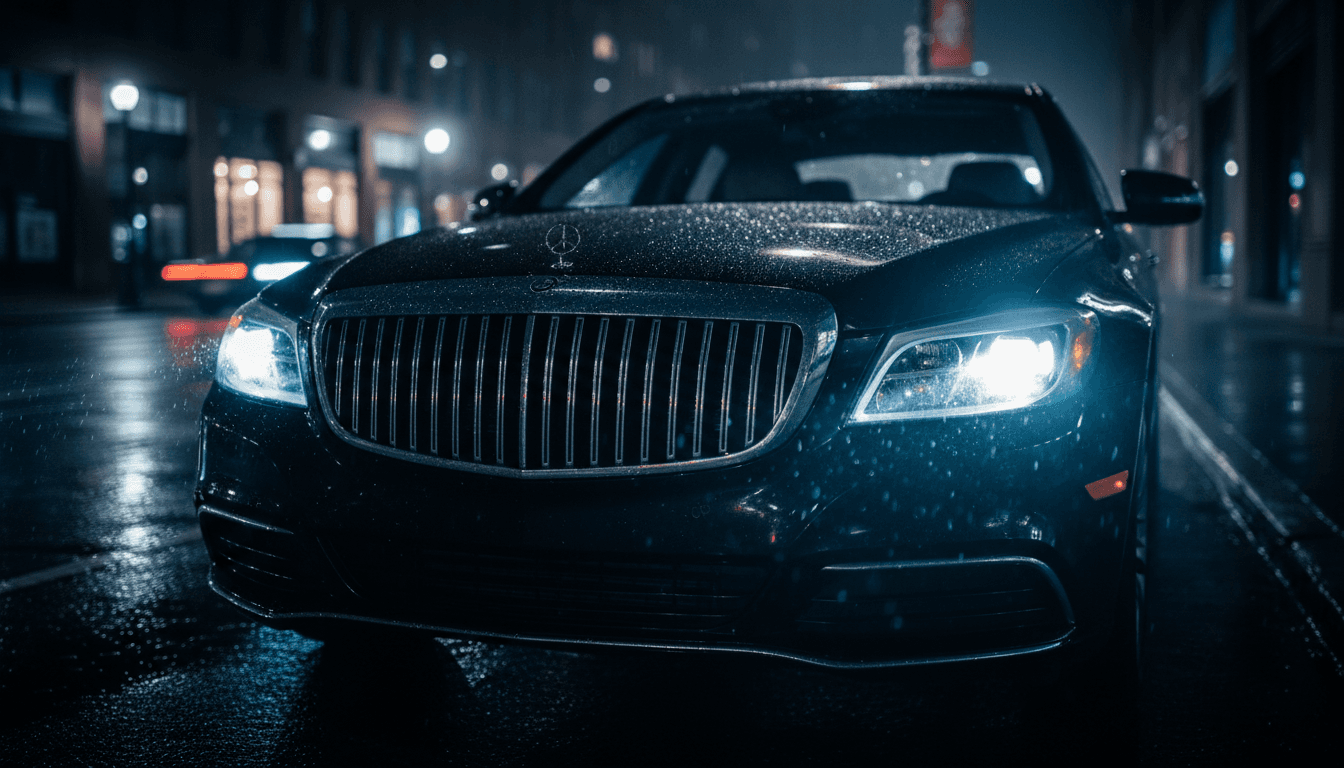 Close-up of black executive sedan front grille at night on wet street