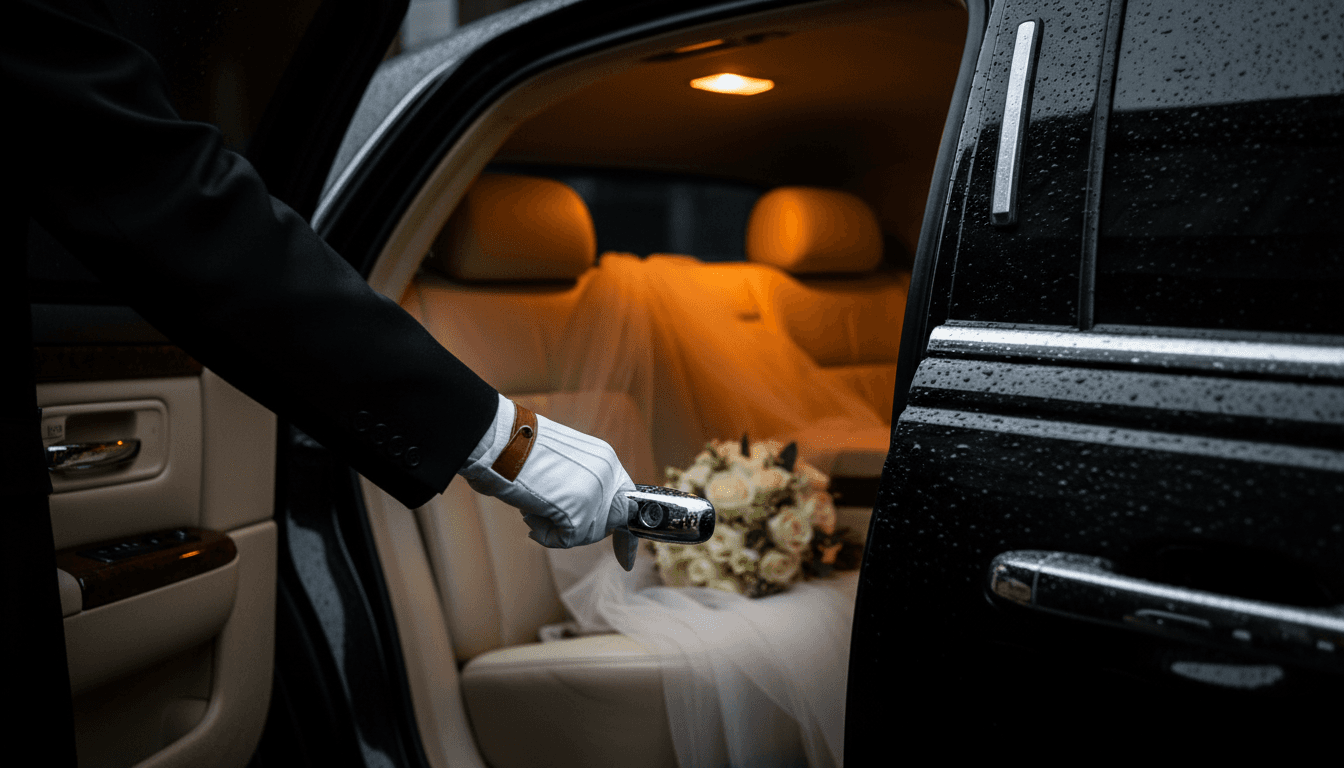 Chauffeur holding open the rear door of a limousine, showing leather interior with warm cabin light
