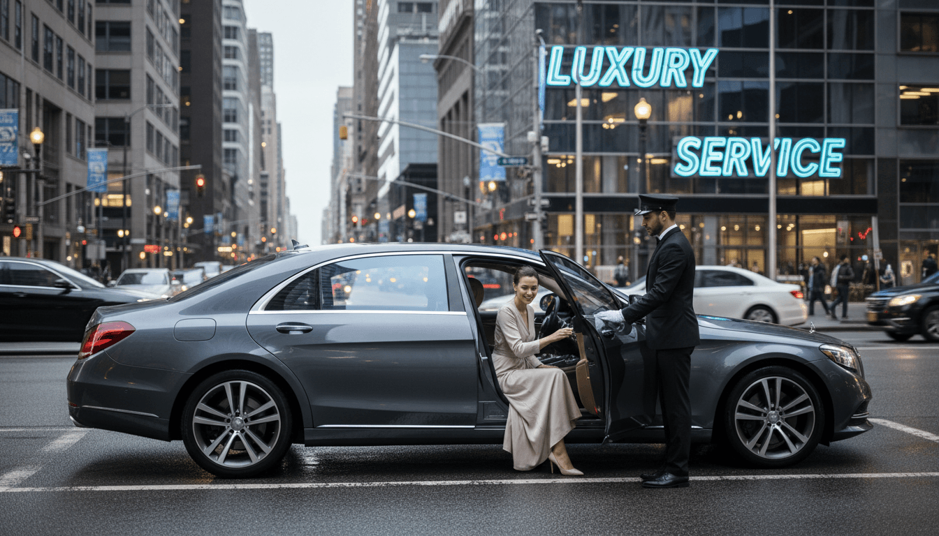 Chauffeur holding door for passenger beside a luxury sedan in Boston