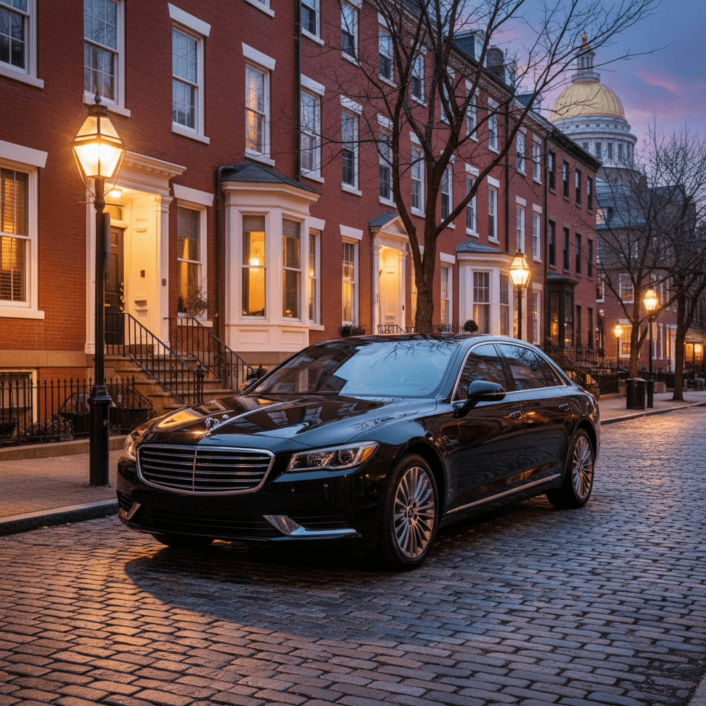 Black luxury sedan parked on a cobblestone street in Boston at dusk