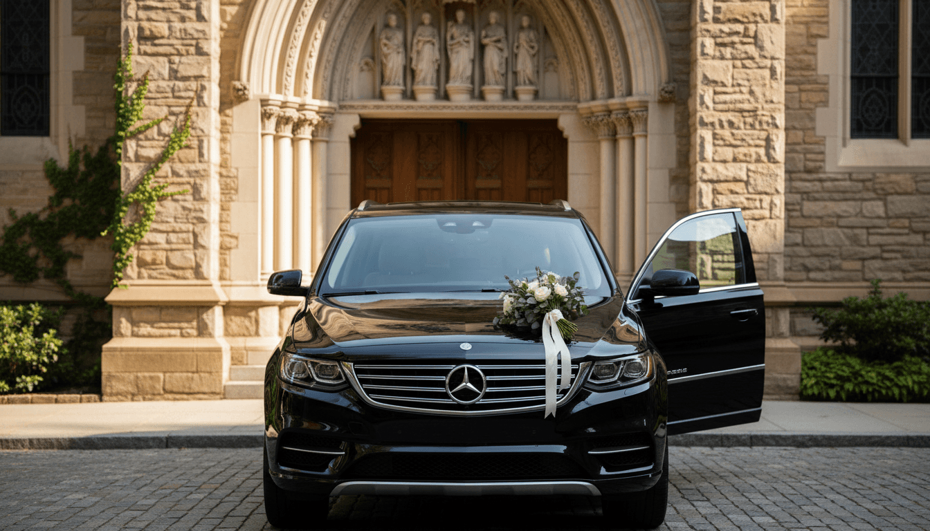 Black luxury SUV parked outside a stone church with door open