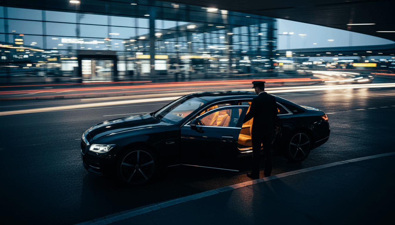 Black sedan waiting at airport curb at night with chauffeur holding door open