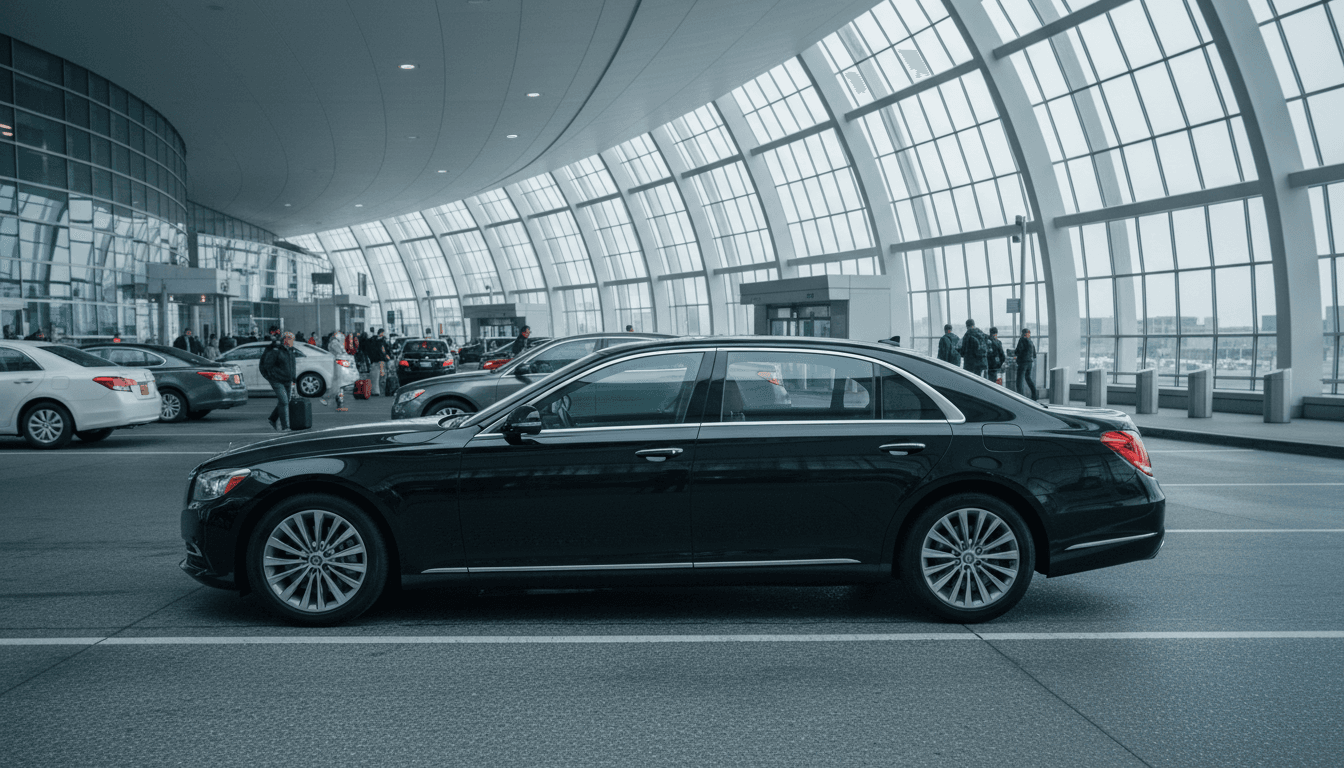 Black sedan waiting quietly at Logan Airport arrivals curb