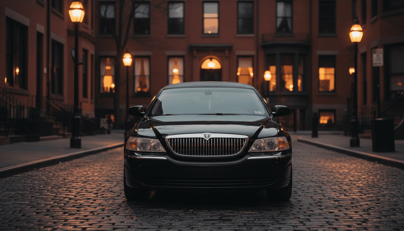 Black stretch sedan parked on a Boston street at dusk