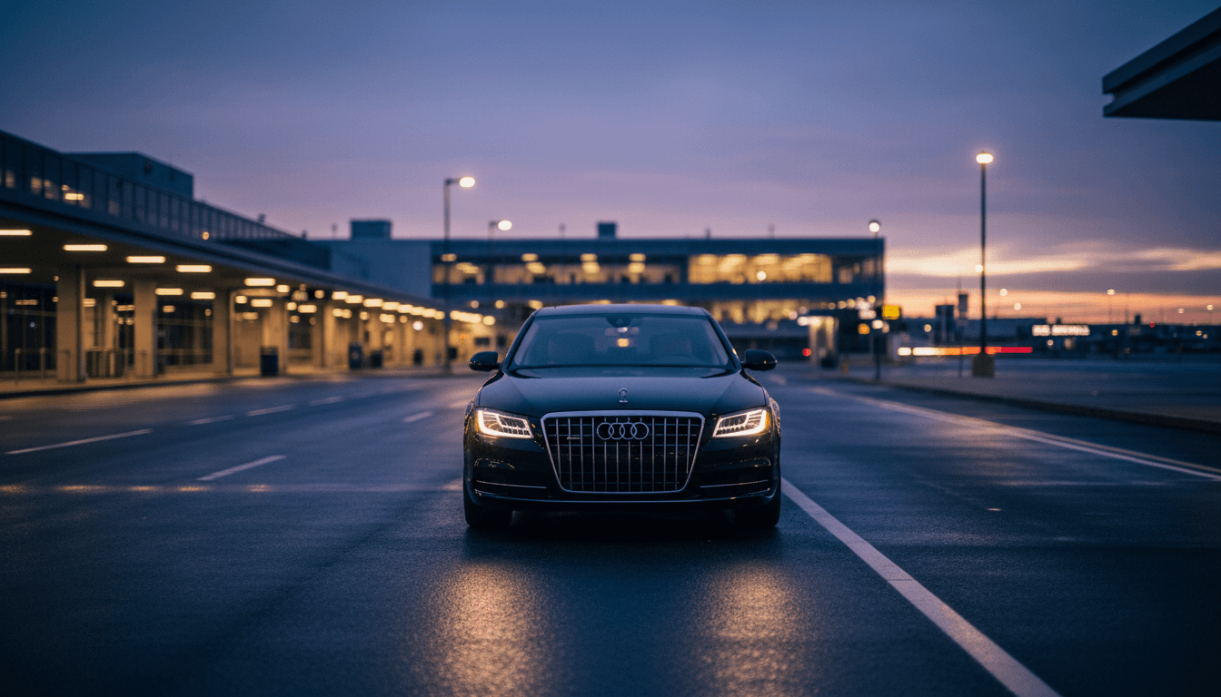 Black sedan waiting at Boston airport arrivals curb at dusk