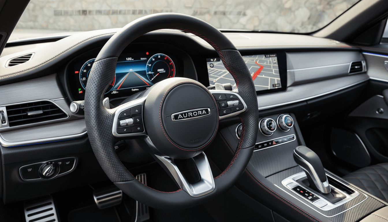 Close up of leather steering wheel and dashboard in a luxury vehicle