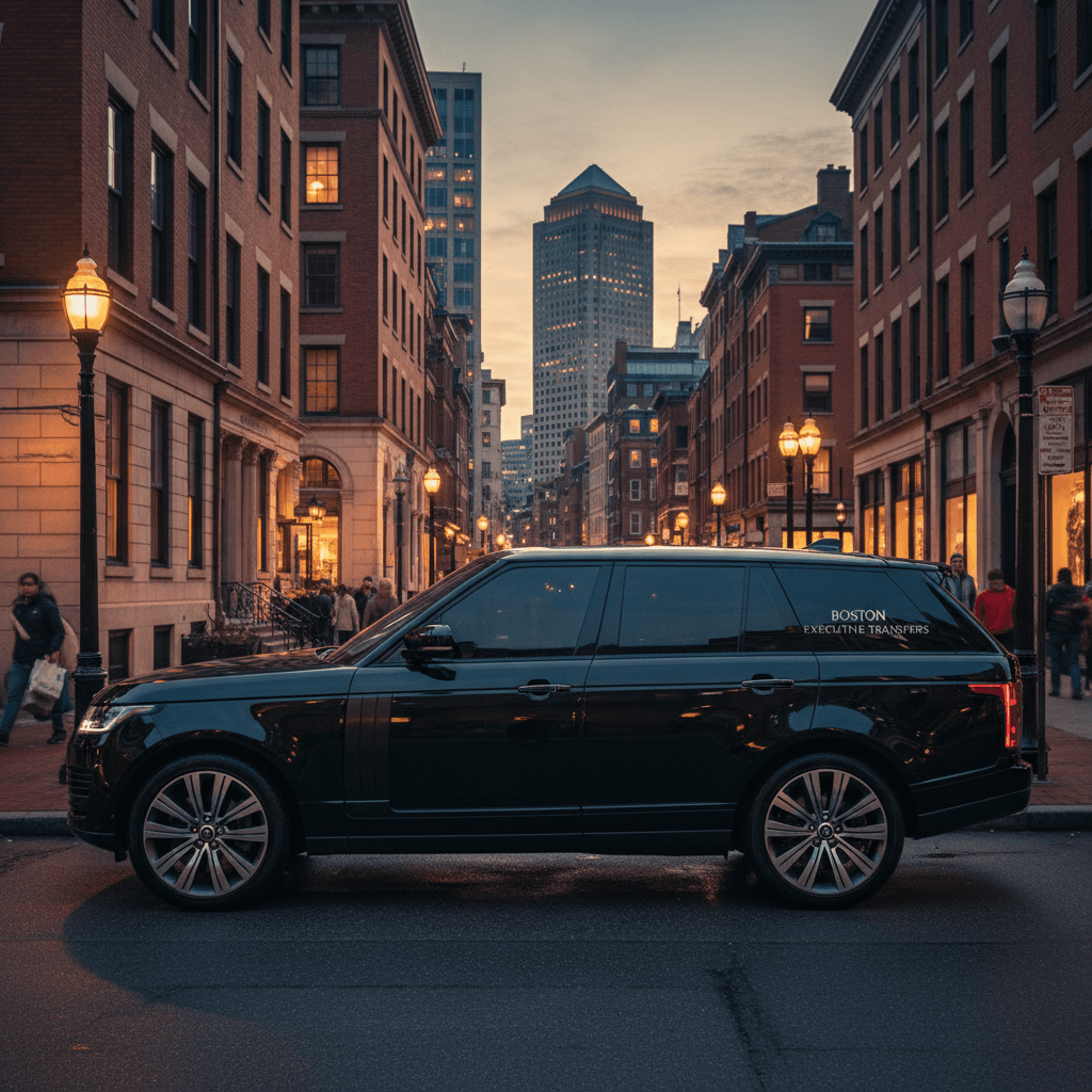 SUV with tinted windows waiting curbside in downtown setting