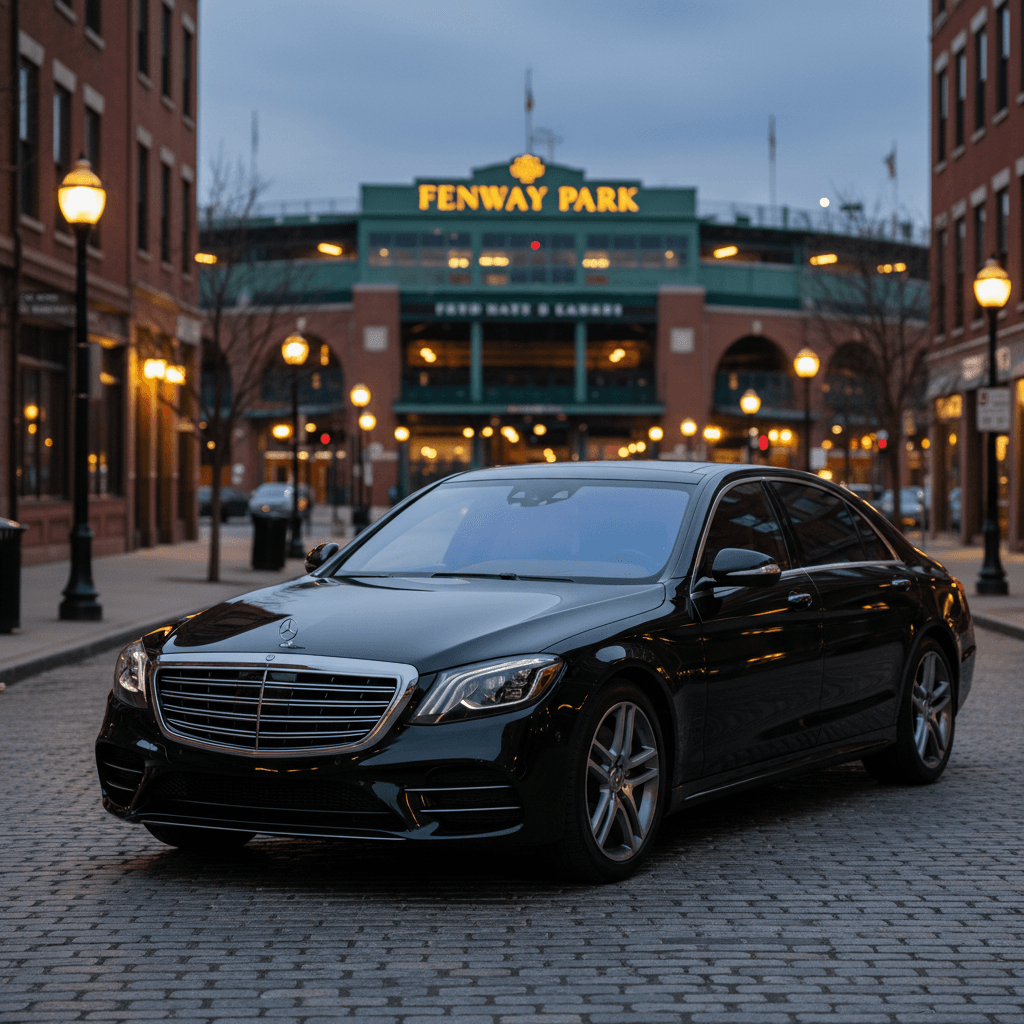 Black sedan parked on a quiet Boston street at dusk