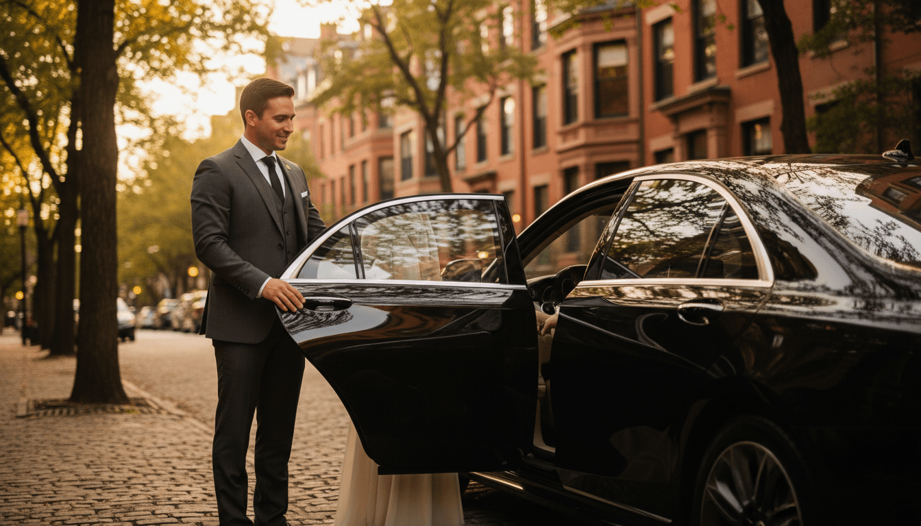 Chauffeur holding open car door for client in Boston's Back Bay