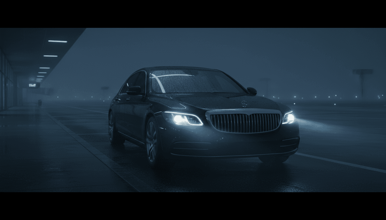 Black luxury sedan at Logan Airport terminal curb under late-night rain