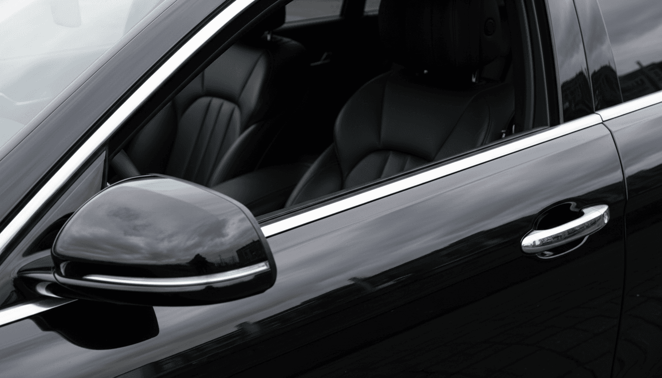 Close-up of a black sedan door handle with leather interior visible through a cracked window