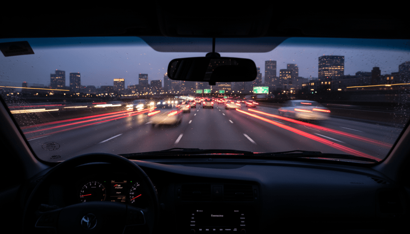 Streaked taillights view from passenger seat driving through Boston at dusk