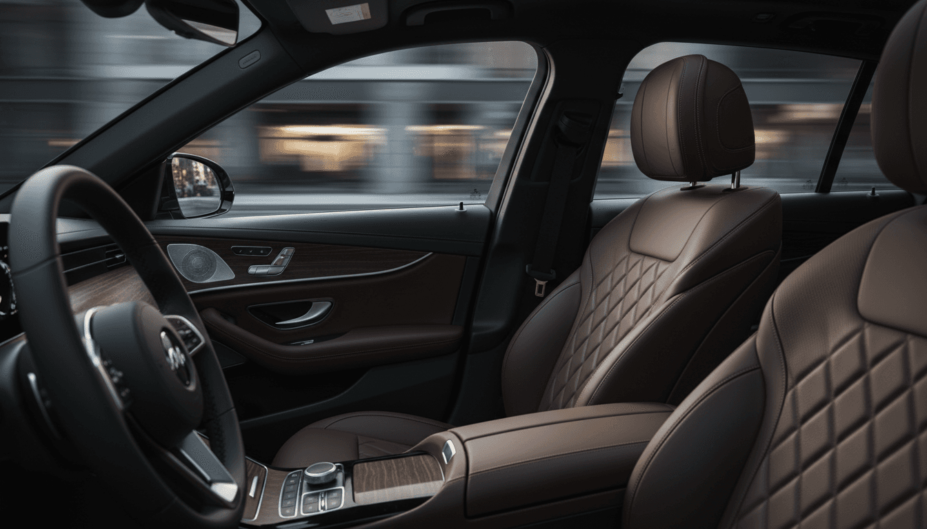 Interior of a luxury sedan showing leather seats and wood trim