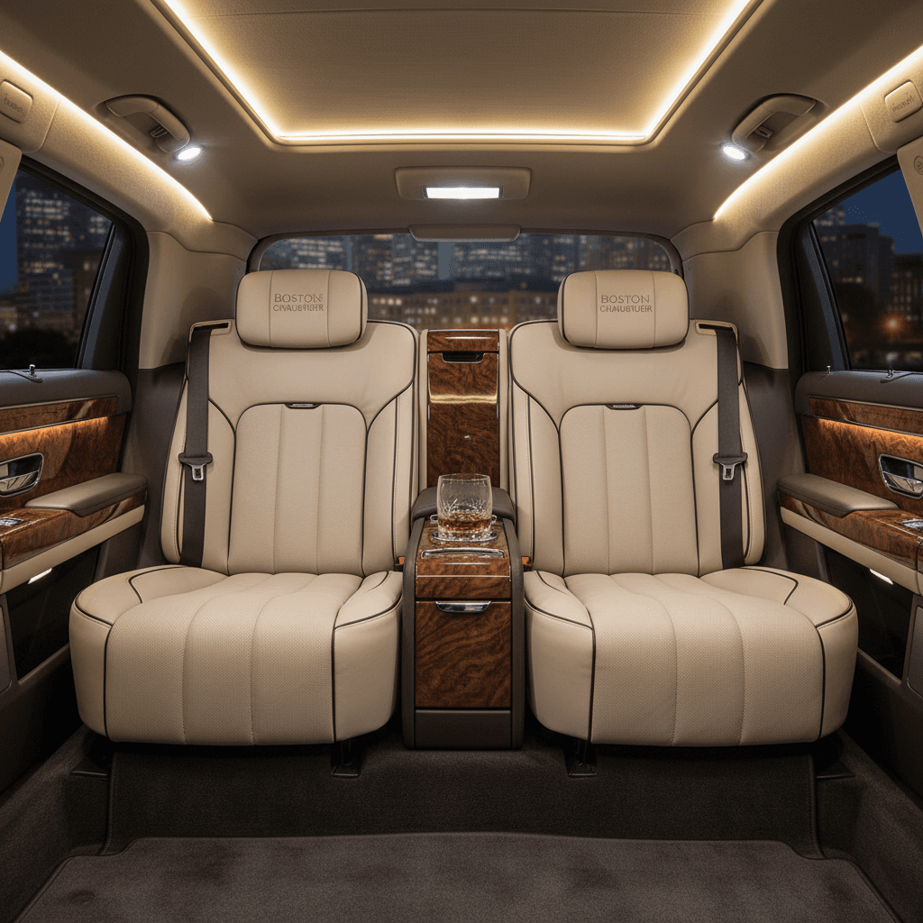 Interior of luxury vehicle showing leather seats and wood trim