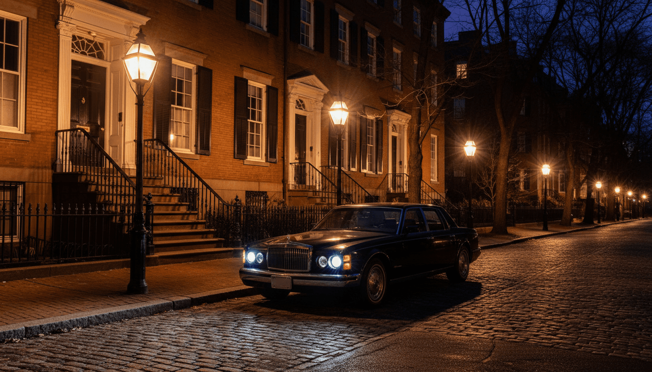 Black sedan parked on Boston cobblestone street at night