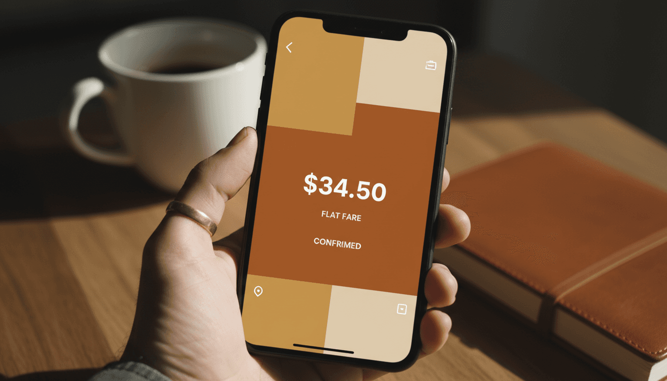 Smartphone showing a flat-rate booking confirmation with coffee cup in background