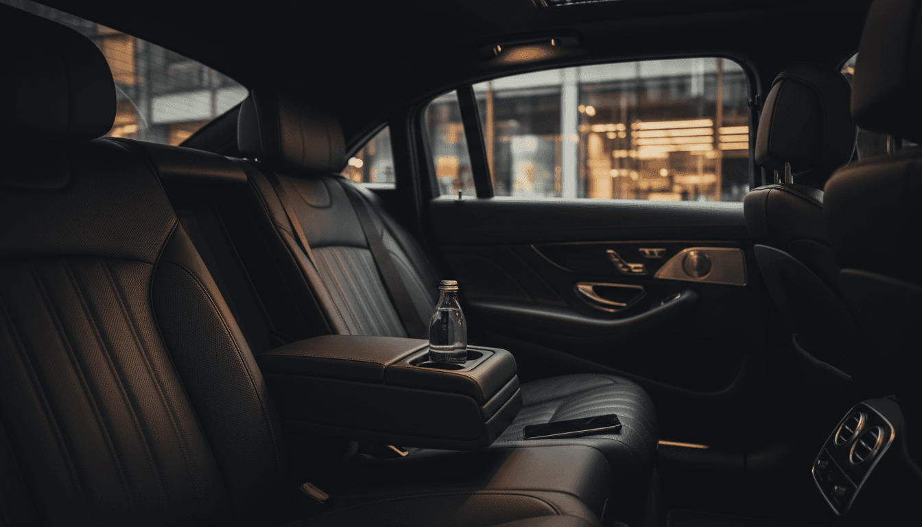 Luxury sedan rear seat with water and smartphone