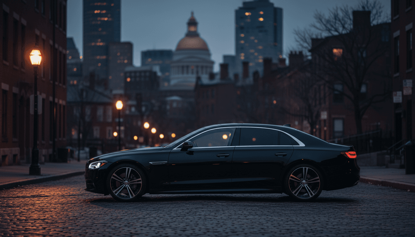 Black luxury sedan parked on a quiet Boston street at dusk, city skyline softly blurred in the background