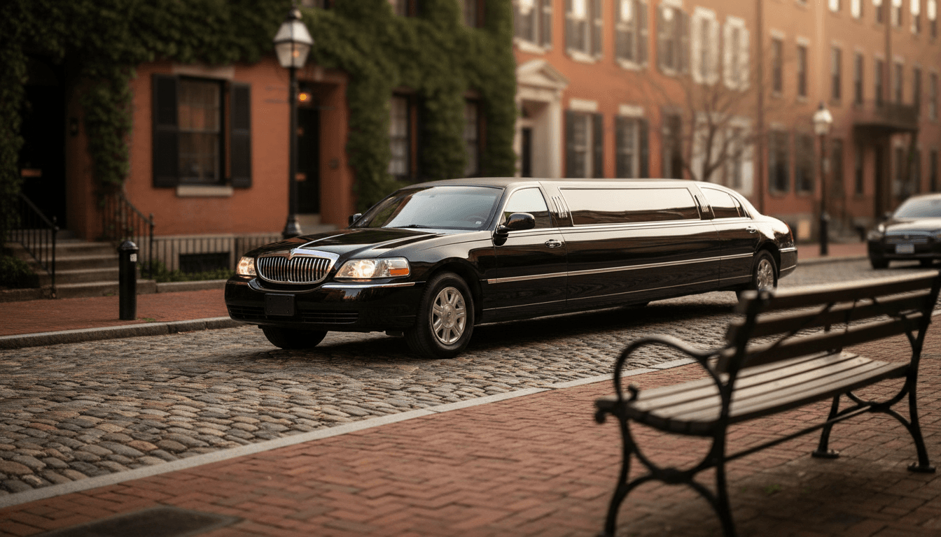 Black stretch limousine parked on a quiet Boston cobblestone street at golden hour