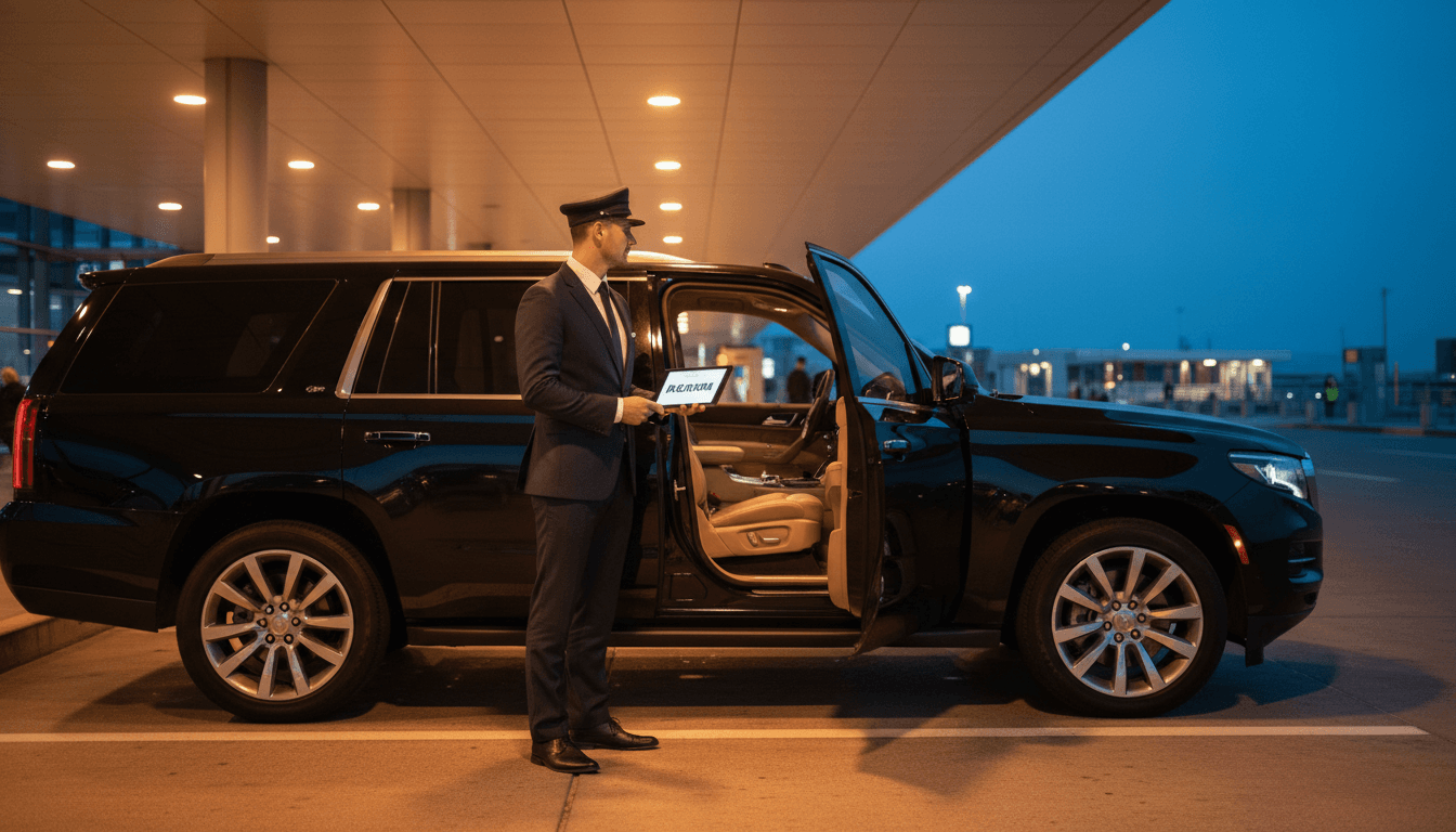Professional chauffeur waiting at arrival curb with open SUV door