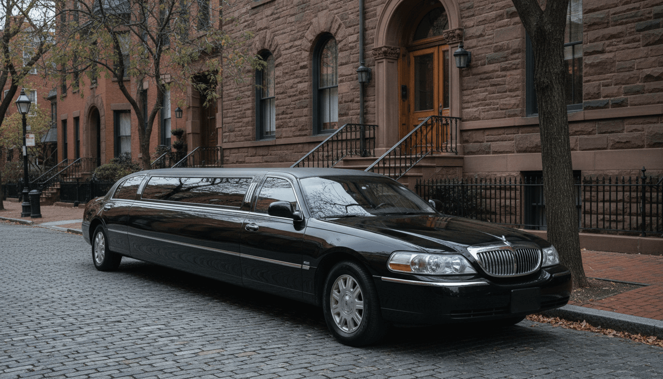 Black stretch limousine parked on a Boston street lined with brick buildings and autumn trees