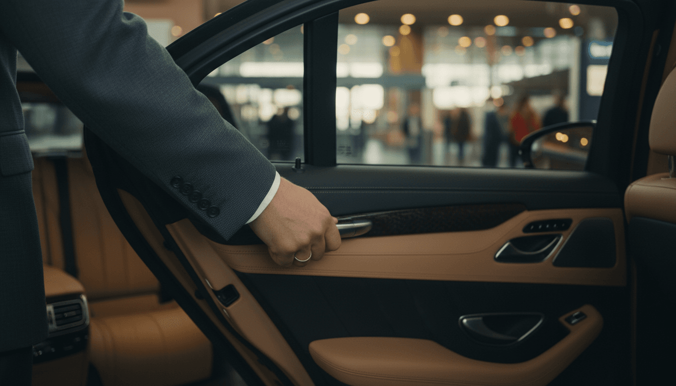 Chauffeur holding open car door at Logan Airport