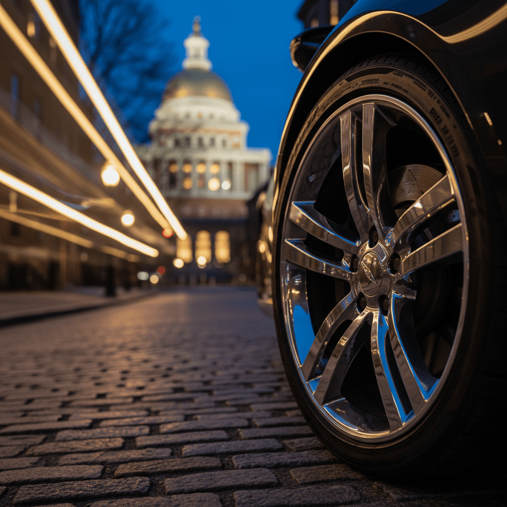 Wheel of a luxury car reflecting city lights