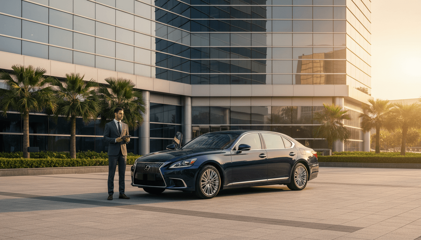 Black luxury sedan with driver standing beside open door