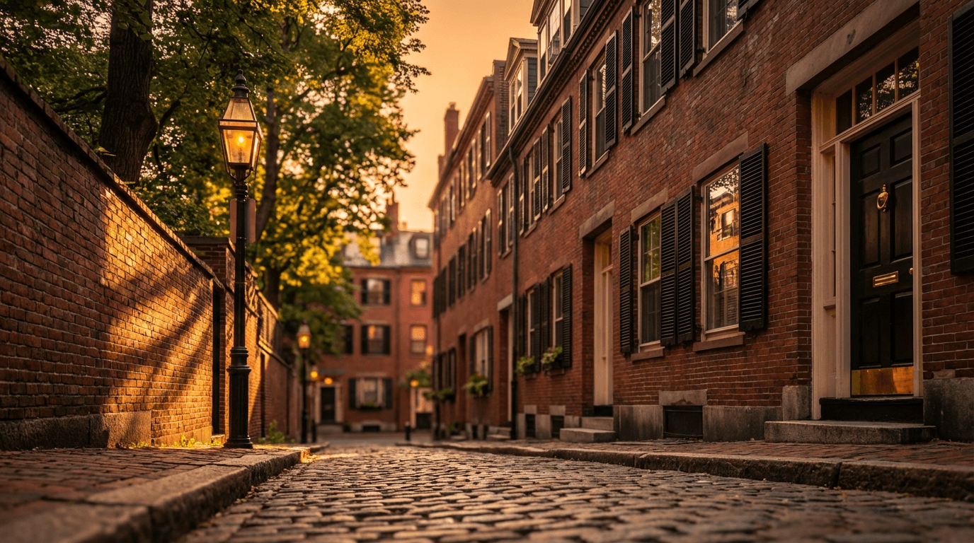 Black luxury sedan parked on a cobblestone street at night in Boston