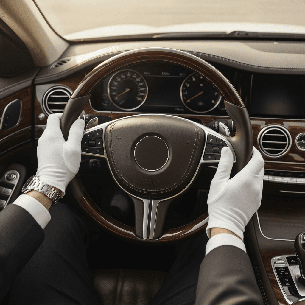 Gloved chauffeur holding open a car door with leather interior visible