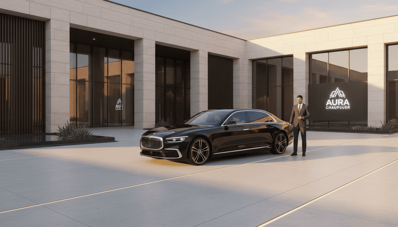 Luxury black sedan with a professional chauffeur standing by the open rear door on a quiet Boston street at dusk