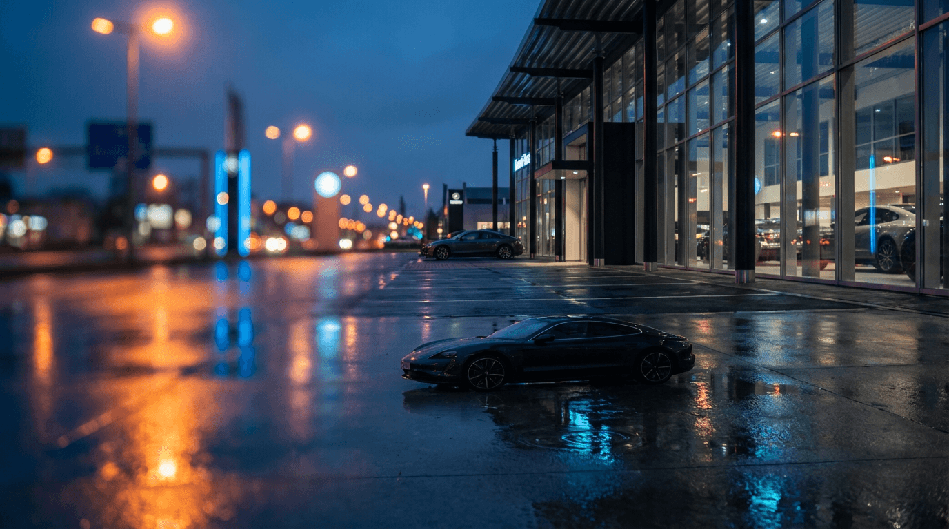 Black sedan parked on a wet cobblestone street in Boston's Back Bay at dusk