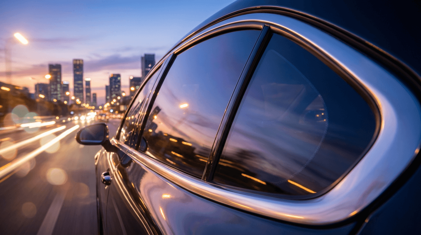 Black sedan parked on a Boston street at dusk